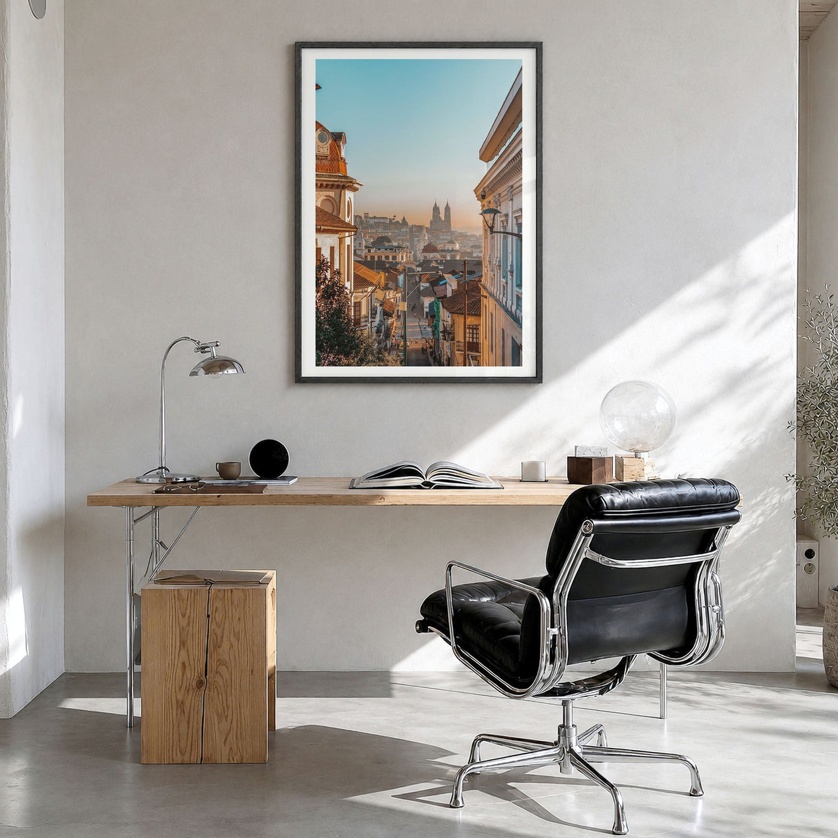 Quito Photo No 1 Poster in a black wood frame, hanging in a bright home office, white border