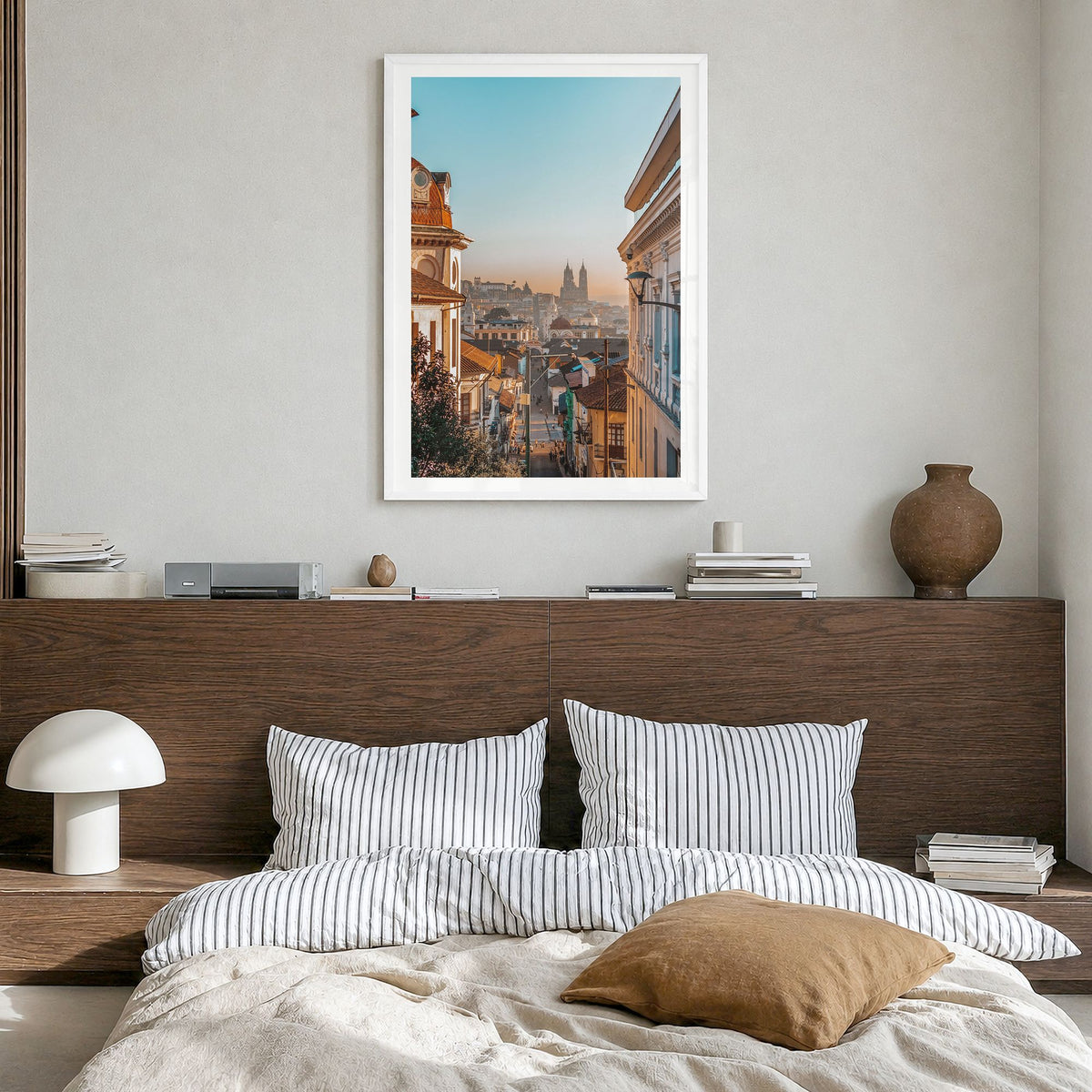 Quito Photo No 1 Poster in a white wood frame, hanging in a bedroom, white border