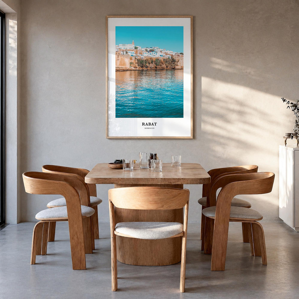 Rabat colorful classic poster of Morocco – vertical wall art in natural wood frame, hanging on wall