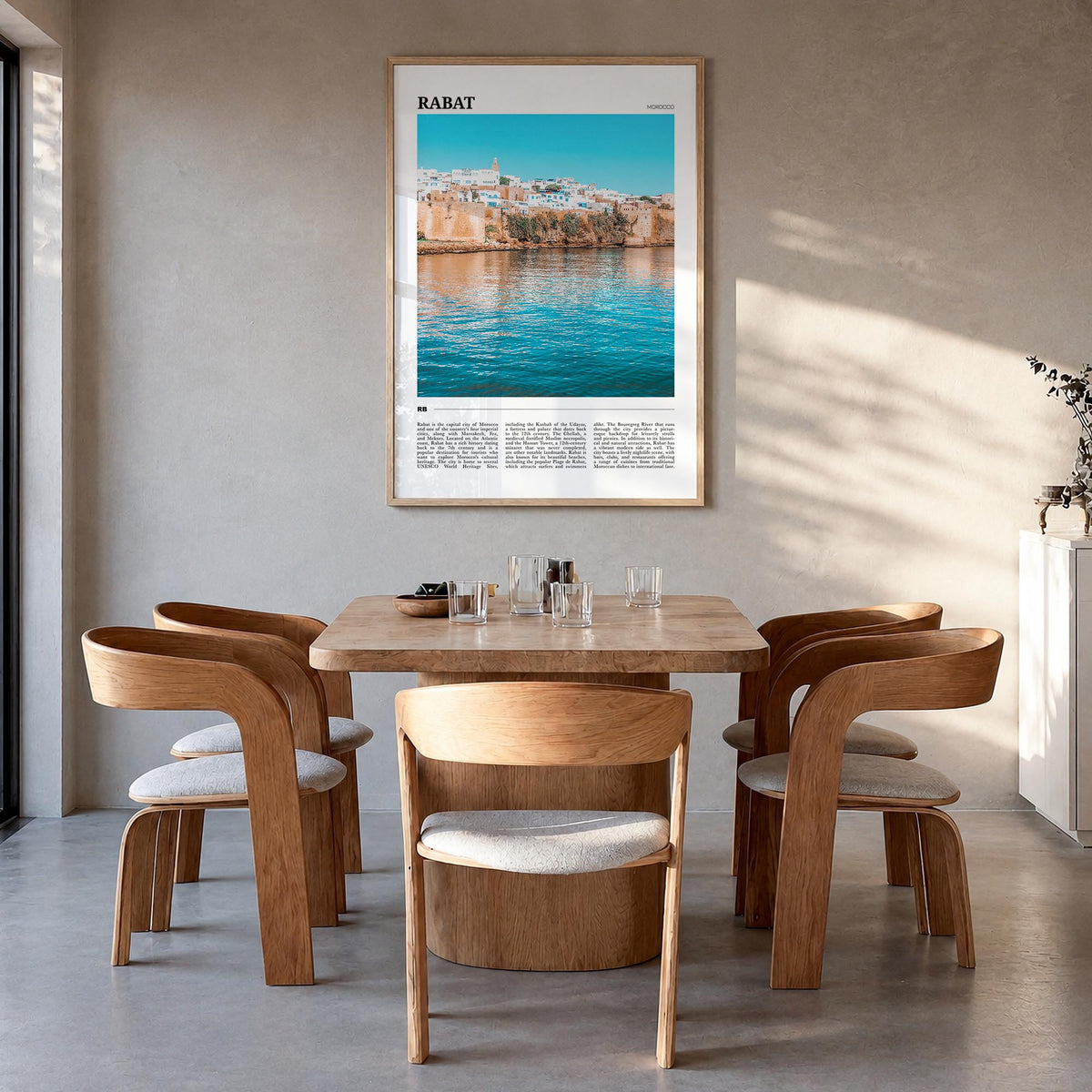Rabat colorful travel poster of Morocco – vertical wall art in natural wood frame, hanging on wall