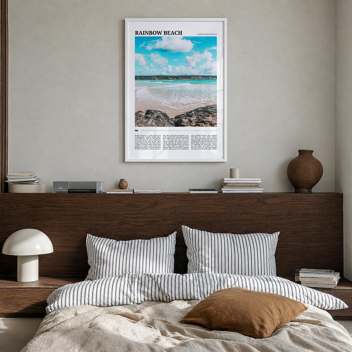 Rainbow Beach colorful travel poster of Australia – vertical wall art in white wood frame, hanging on wall