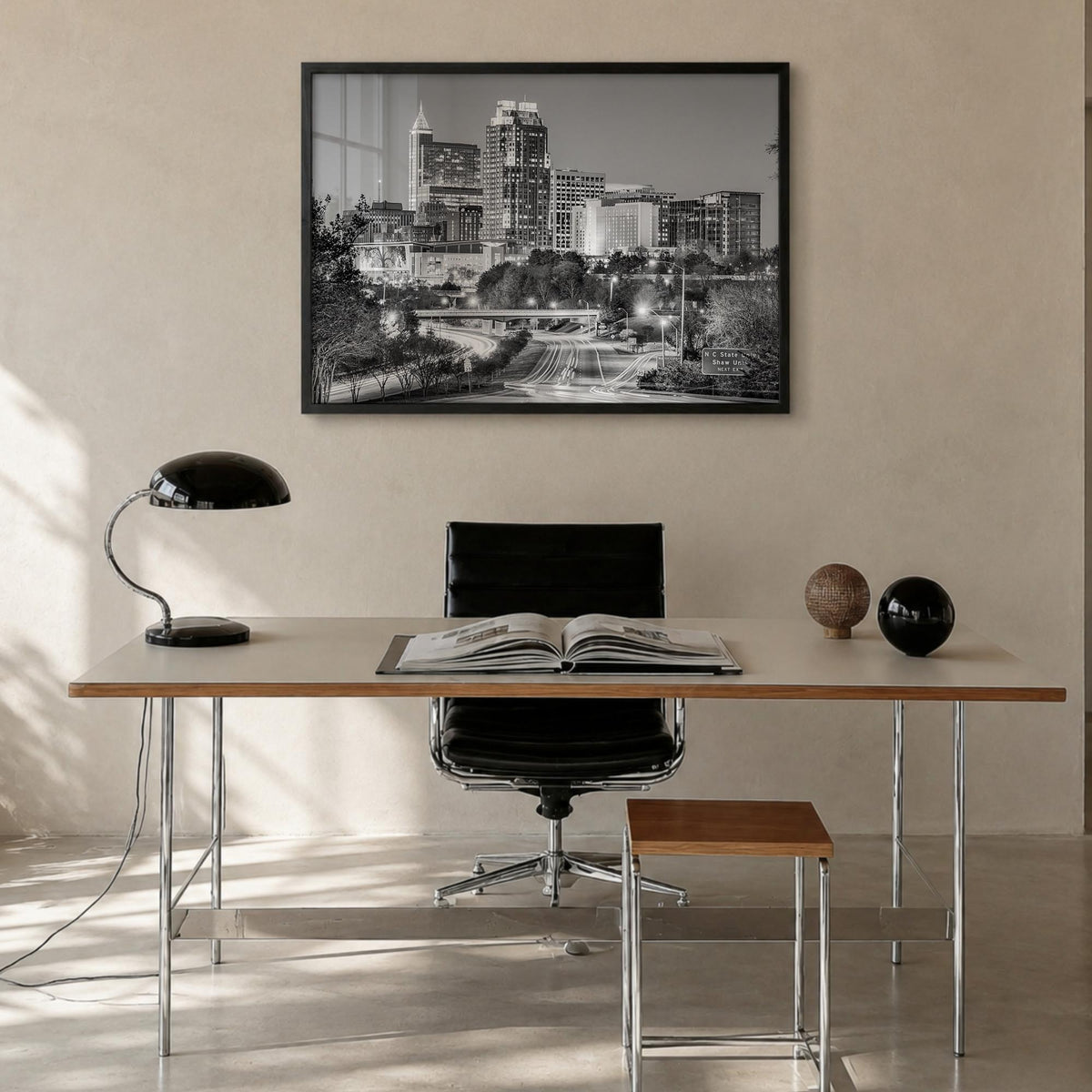Raleigh black & white photo poster of North Carolina, USA – horizontal wall art in black wood frame, hanging on wall