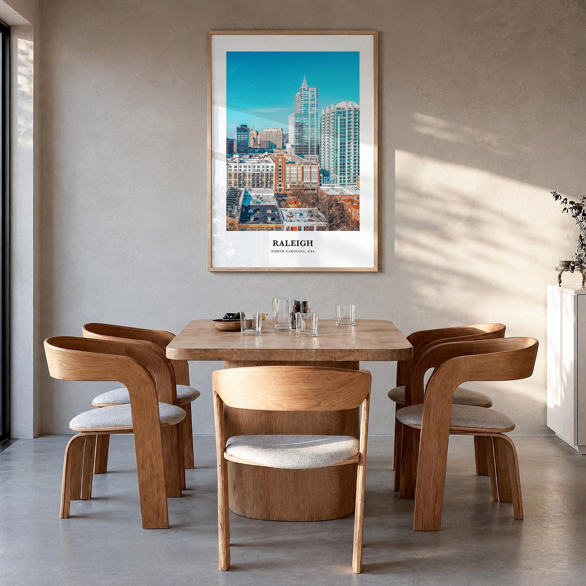Raleigh colorful classic poster of North Carolina, USA – vertical wall art in natural wood frame, hanging on wall