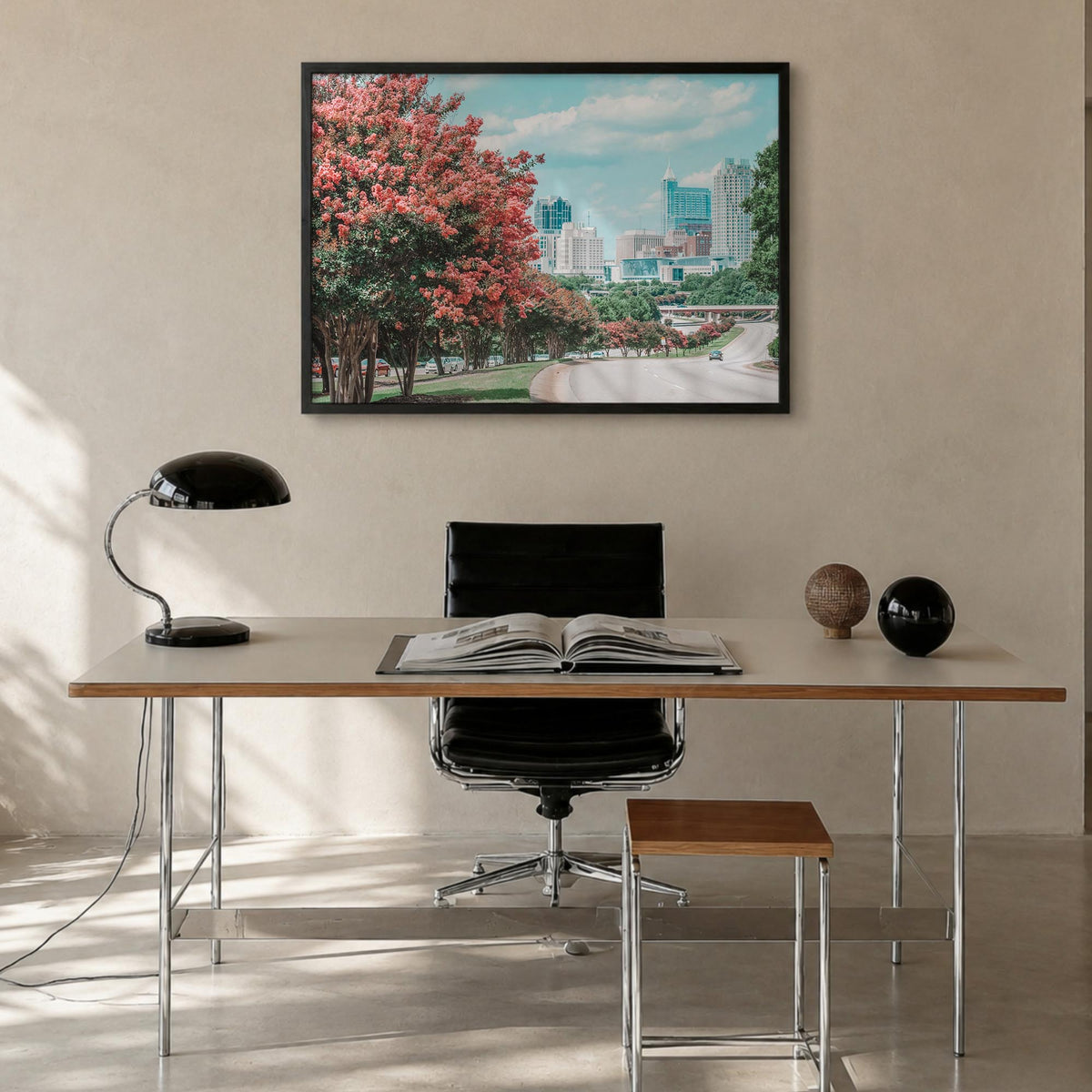 Raleigh colorful photo poster of North Carolina, USA – horizontal wall art in black wood frame, hanging on wall