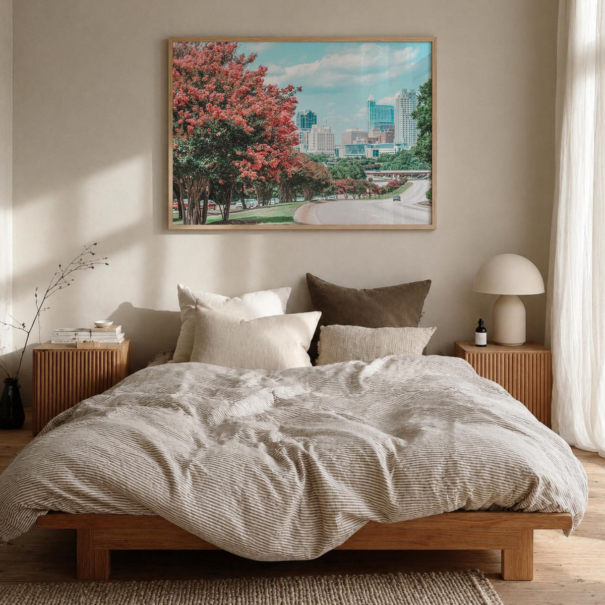 Raleigh colorful photo poster of North Carolina, USA – horizontal wall art in natural wood frame, hanging on wall