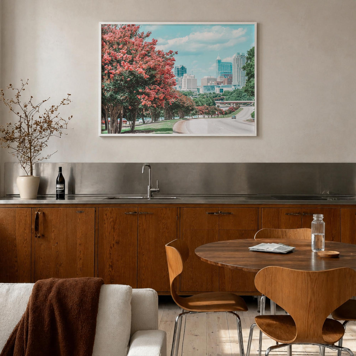 Raleigh colorful photo poster of North Carolina, USA – horizontal wall art in white wood frame, hanging on wall