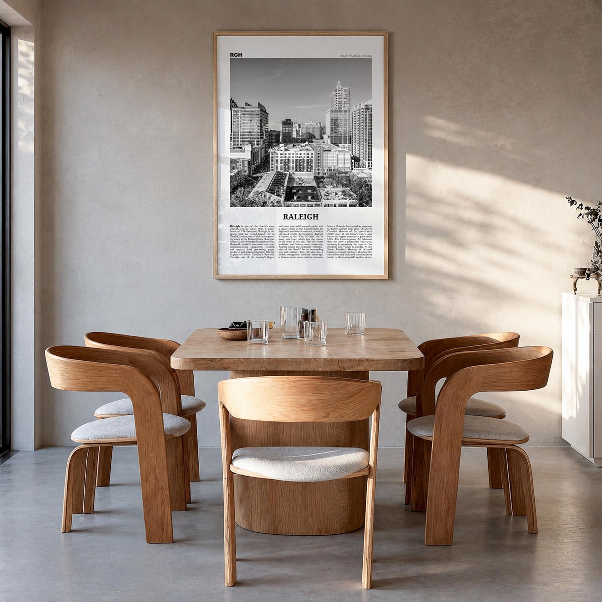 Raleigh no. 1 black & white newspaper poster of North Carolina, USA – vertical wall art in natural wood frame, hanging on wal