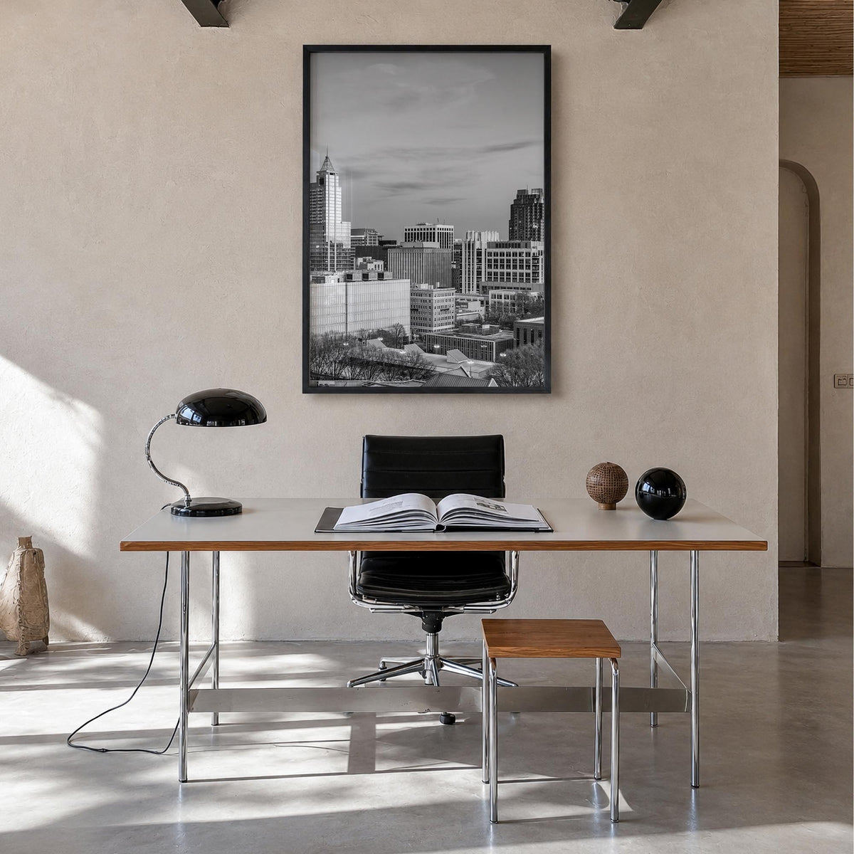 Raleigh no. 1 black & white photo poster of North Carolina, USA – vertical wall art in black wood frame, hanging on wall