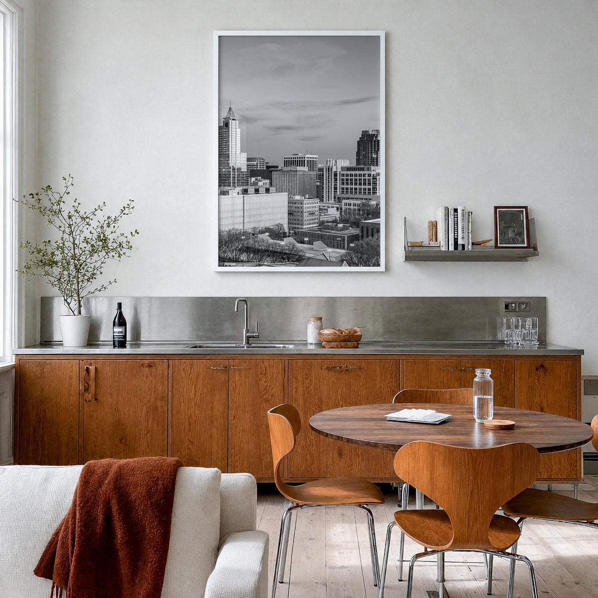 Raleigh no. 1 black & white photo poster of North Carolina, USA – vertical wall art in white wood frame, hanging on wall
