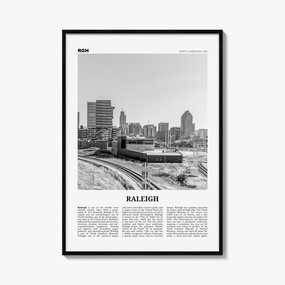 Raleigh no. 2 black & white newspaper poster of North Carolina, USA – vertical wall art, unframed print shown in interior moc