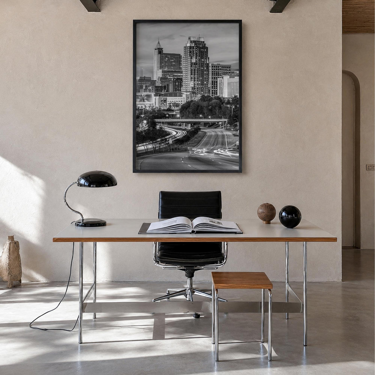 Raleigh no. 2 black & white photo poster of North Carolina, USA – vertical wall art in black wood frame, hanging on wall