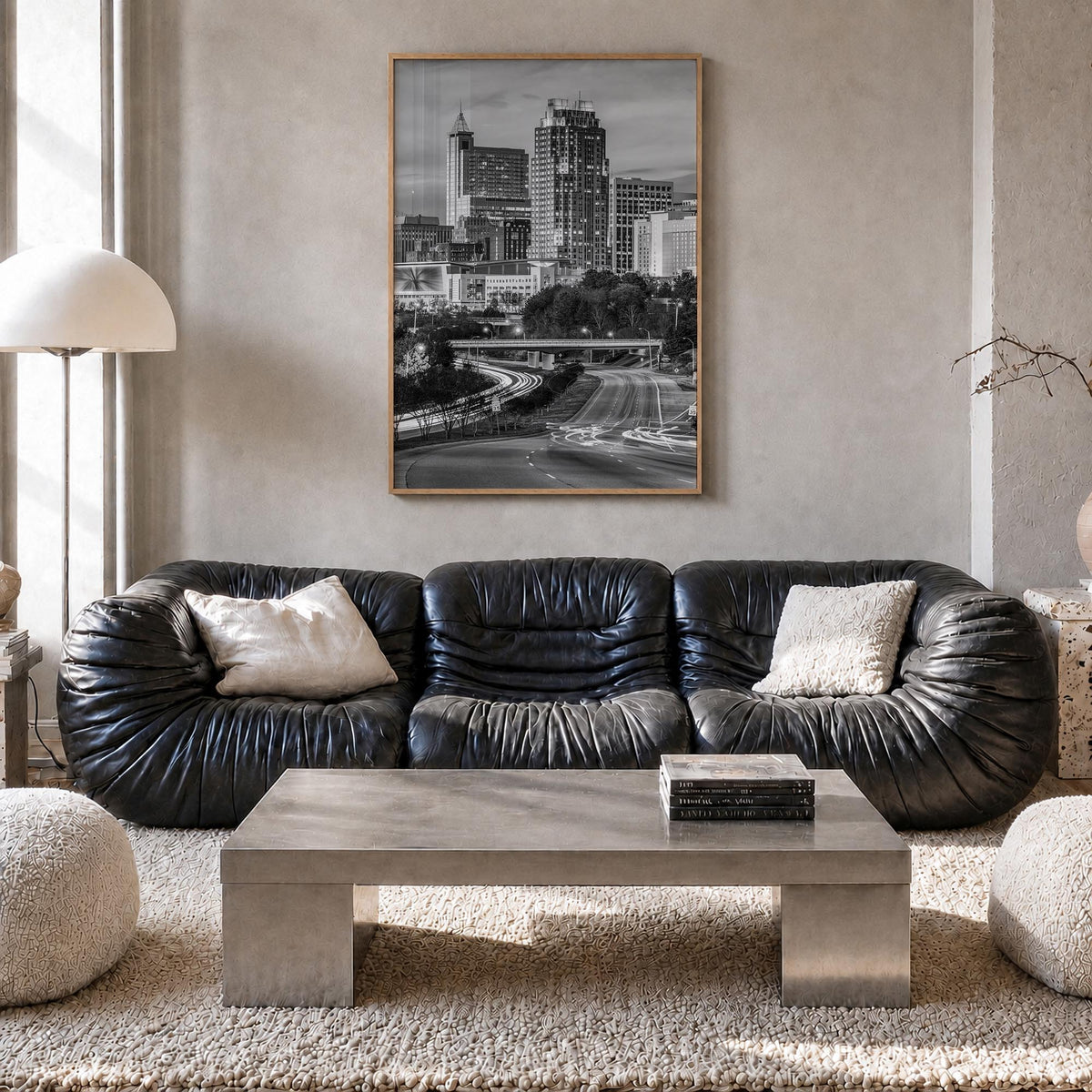Raleigh no. 2 black & white photo poster of North Carolina, USA – vertical wall art in natural wood frame, hanging on wall