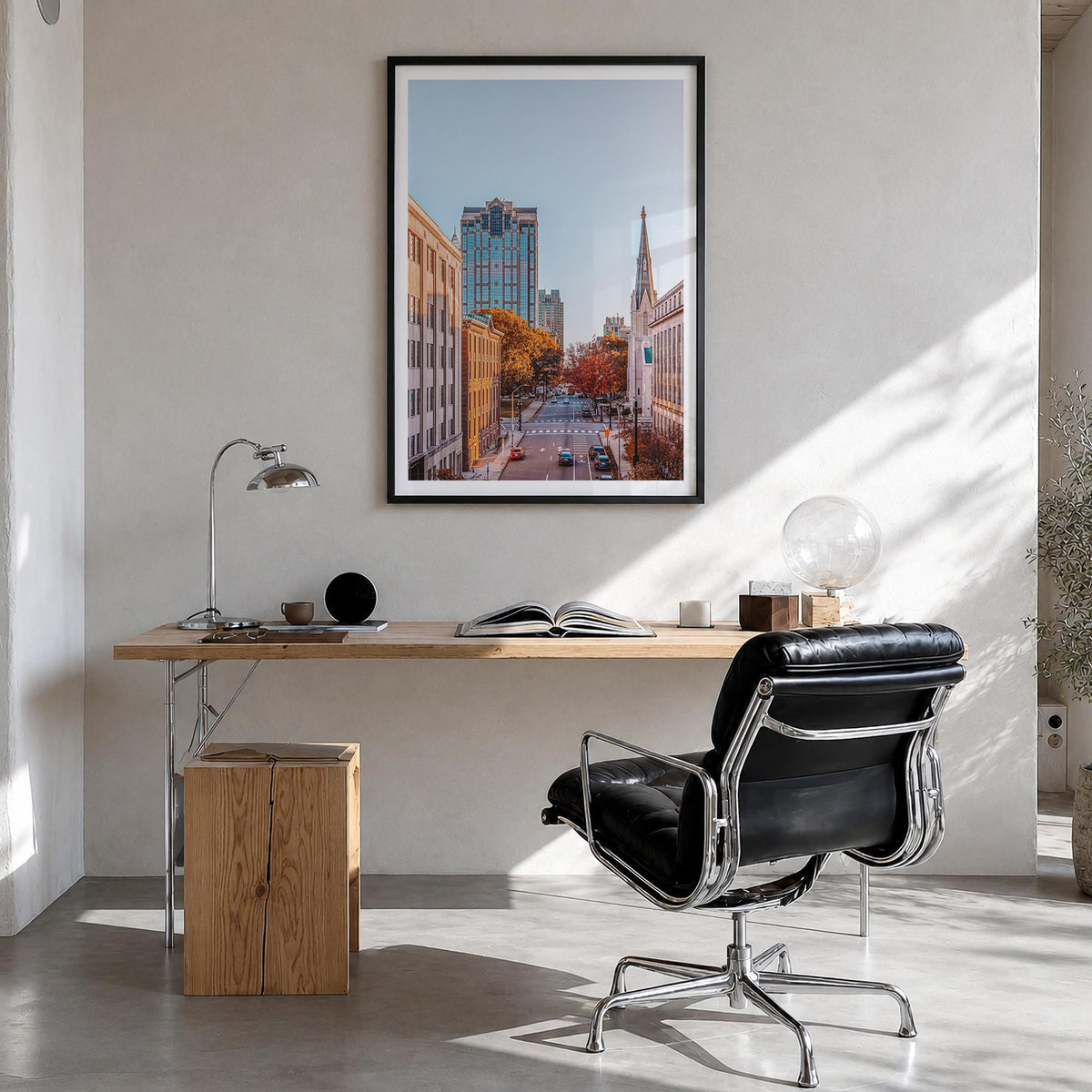 Raleigh no. 2 colorful photo poster of North Carolina, USA – vertical wall art in black wood frame with white border, hanging