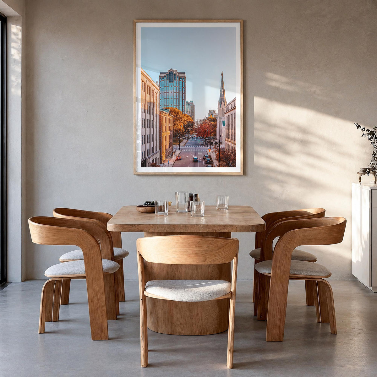 Raleigh no. 2 colorful photo poster of North Carolina, USA – vertical wall art in natural wood frame with white border, hangi