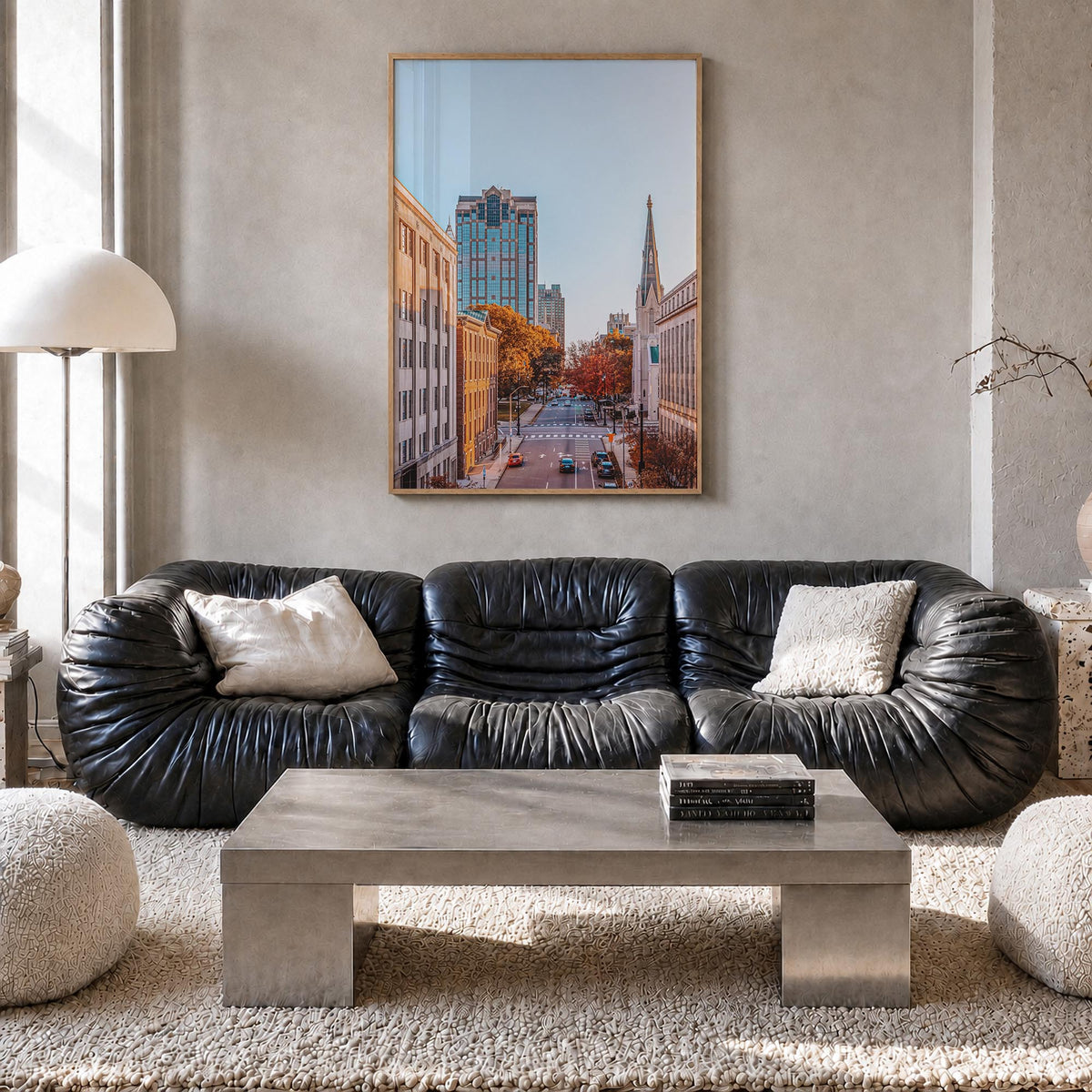 Raleigh no. 2 colorful photo poster of North Carolina, USA – vertical wall art in natural wood frame, hanging on wall