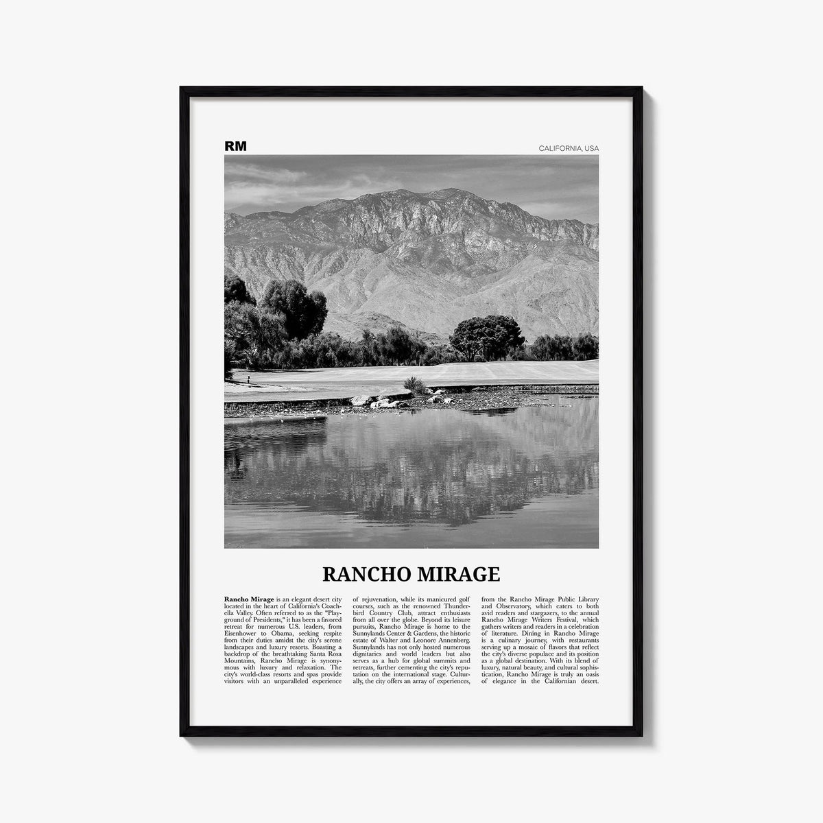 Rancho Mirage black & white newspaper poster of California, USA – vertical wall art, unframed print shown in interior mockup