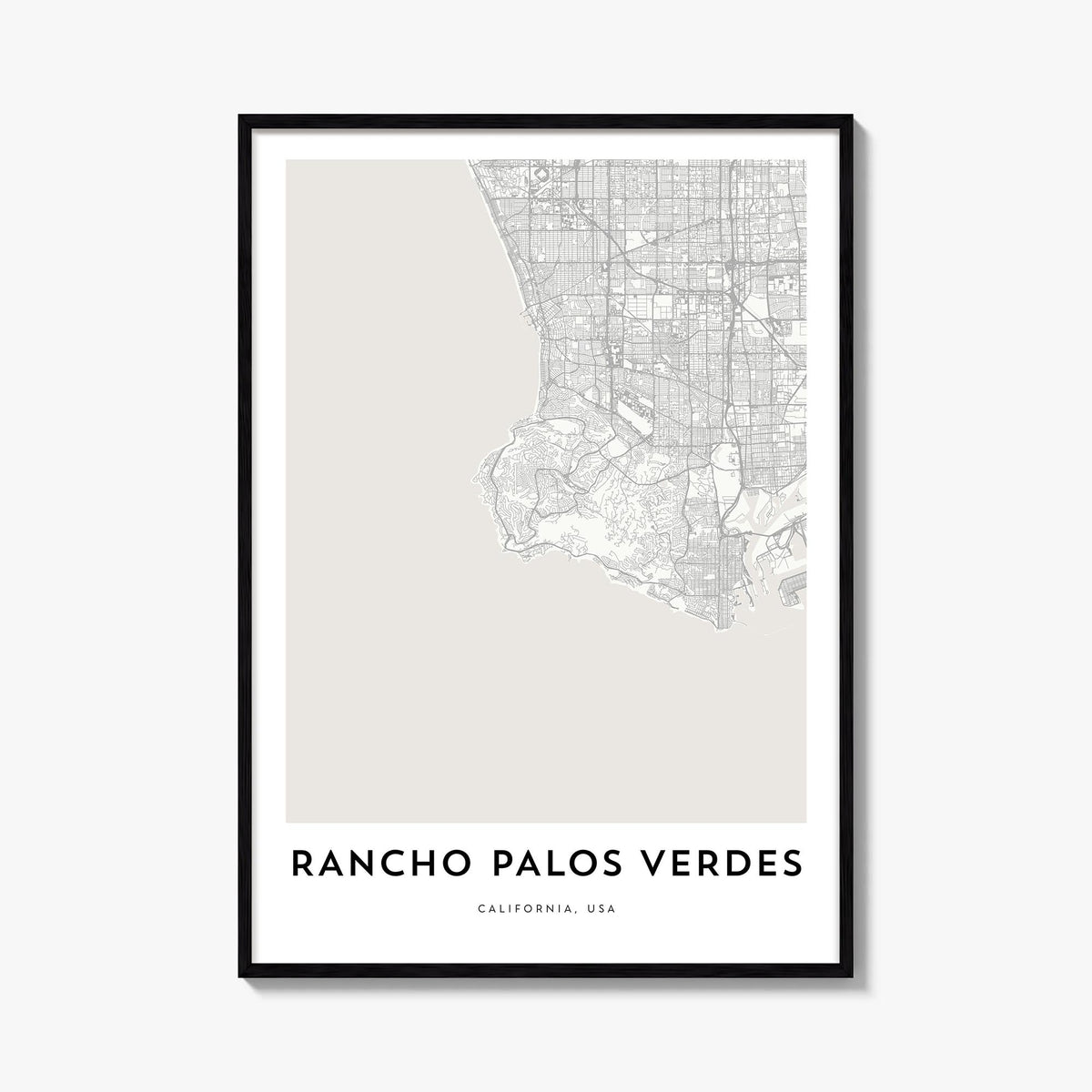 Rancho Palos Verdes black & white map poster of California, USA – vertical wall art, unframed print shown in interior mockup