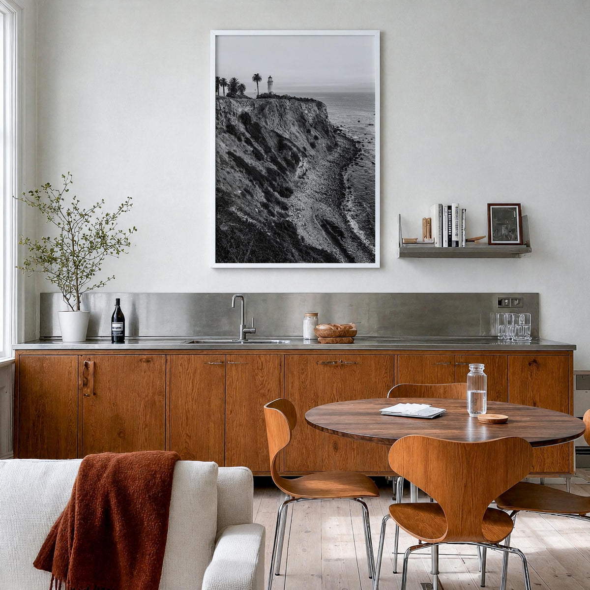 Rancho Palos Verdes black & white photo poster of California, USA – vertical wall art in white wood frame, hanging on wall