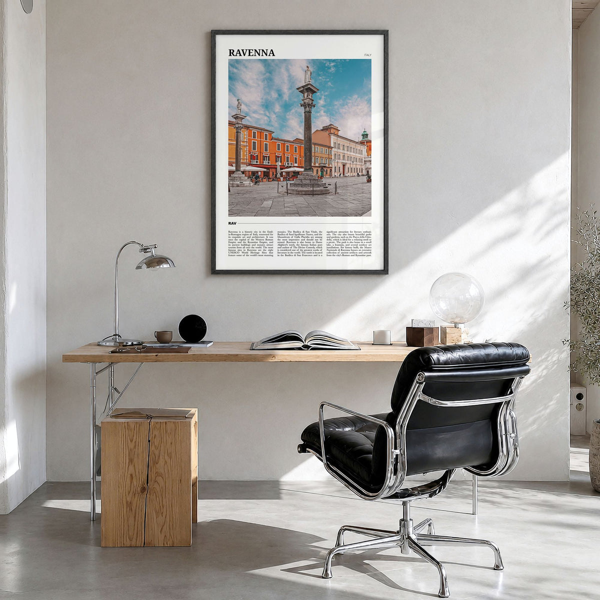 Ravenna Travel Poster in a black wood frame, hanging in a bright home office