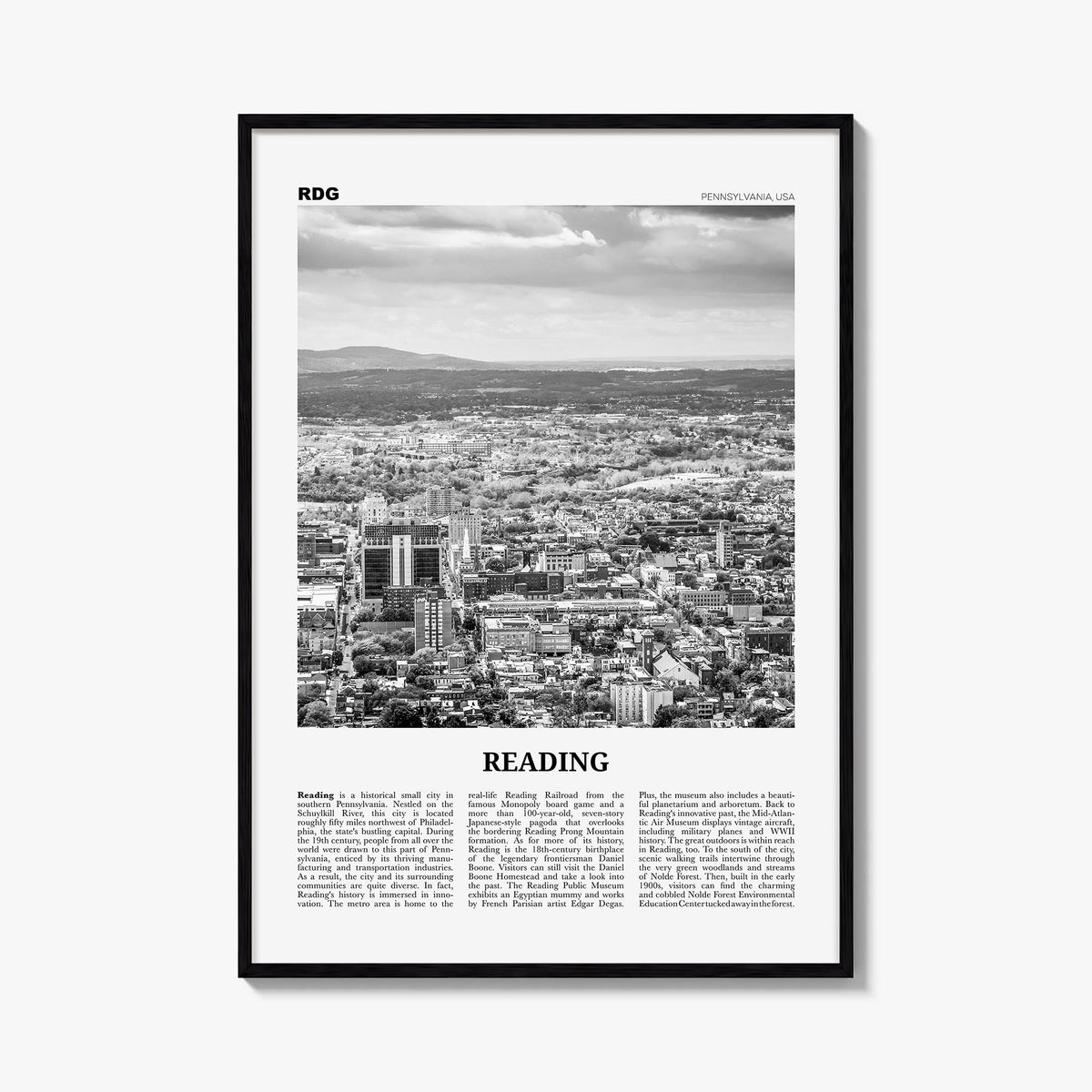 Reading, Pennsylvania black & white newspaper poster of Pennsylvania, USA – vertical wall art, unframed print shown in interi