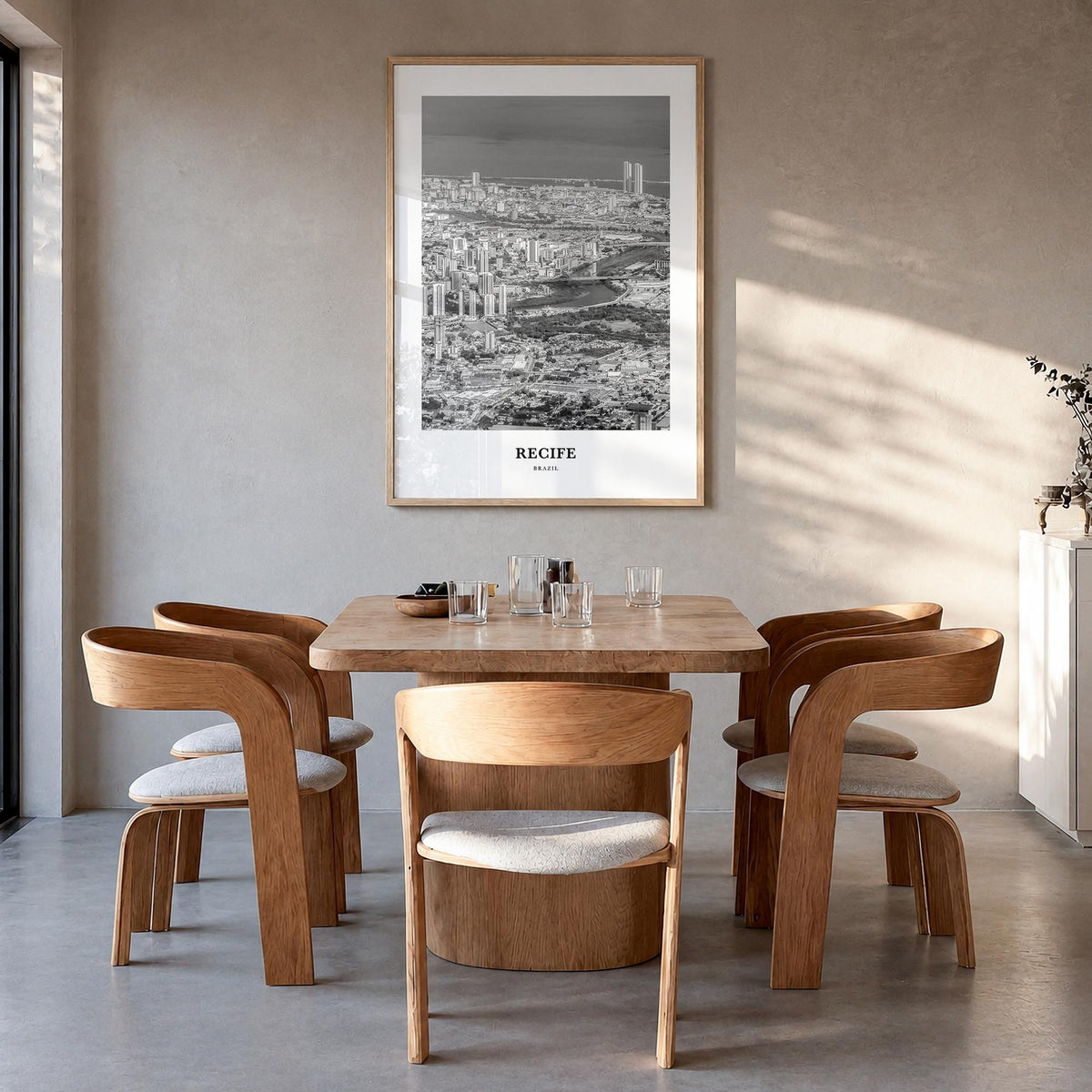 Recife black & white classic poster of Brazil – vertical wall art in natural wood frame, hanging on wall