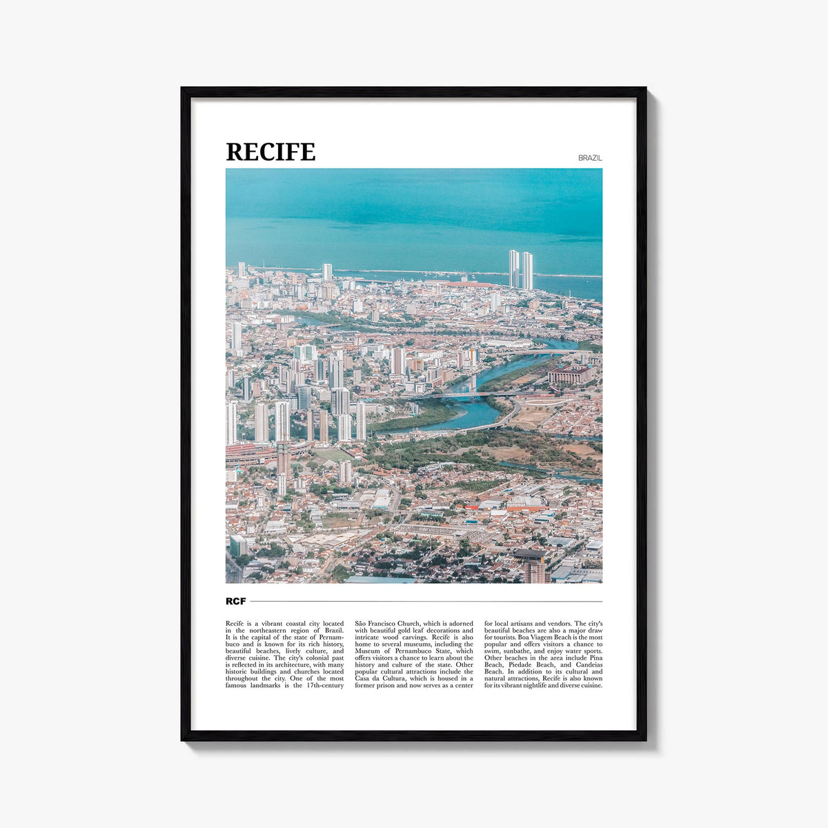Recife colorful travel poster of Brazil – vertical wall art, unframed print shown in interior mockup