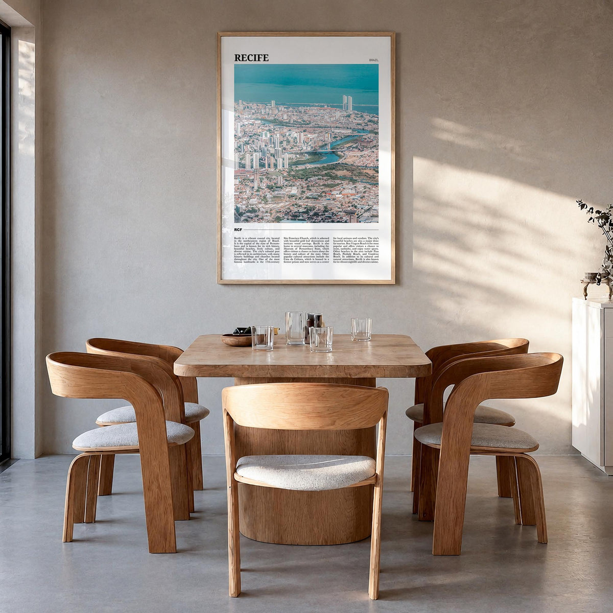 Recife colorful travel poster of Brazil – vertical wall art in natural wood frame, hanging on wall