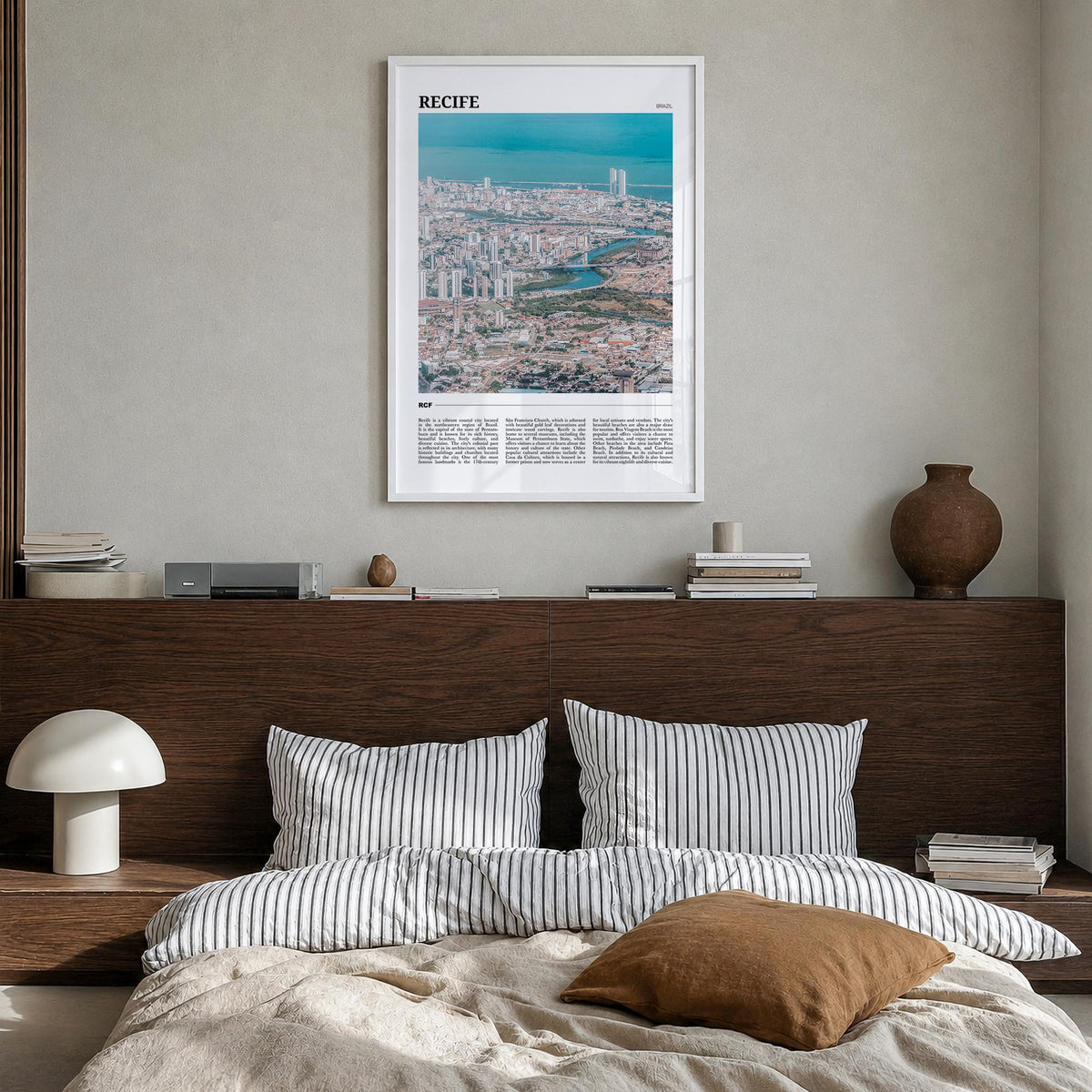 Recife colorful travel poster of Brazil – vertical wall art in white wood frame, hanging on wall
