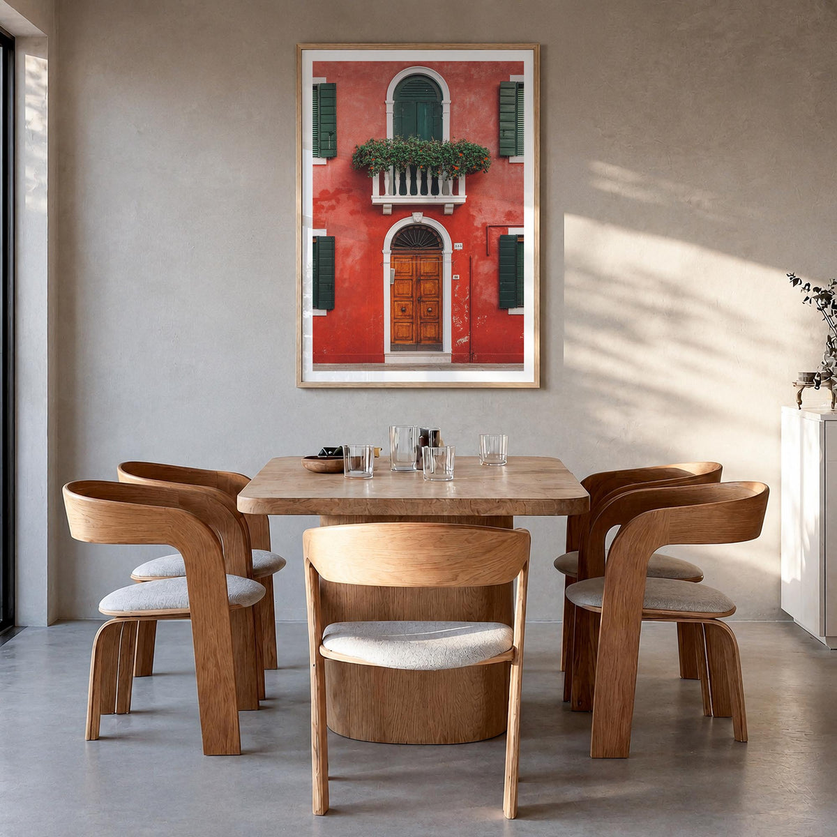 Red House colorful photo poster – vertical wall art in natural wood frame with white border, hanging on wall