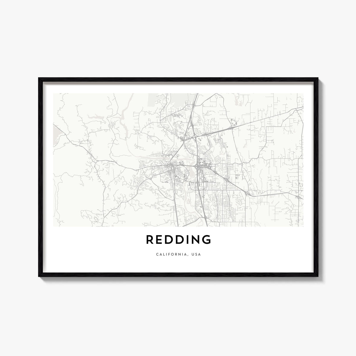 Redding black & white map poster of California, USA – horizontal wall art, unframed print shown in interior mockup