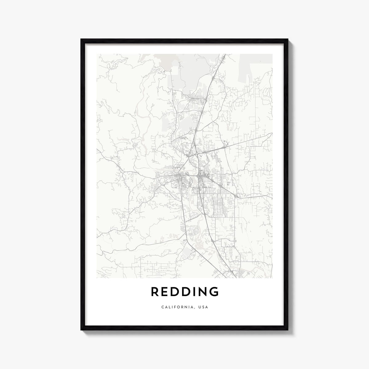 Redding black & white map poster of California, USA – vertical wall art, unframed print shown in interior mockup