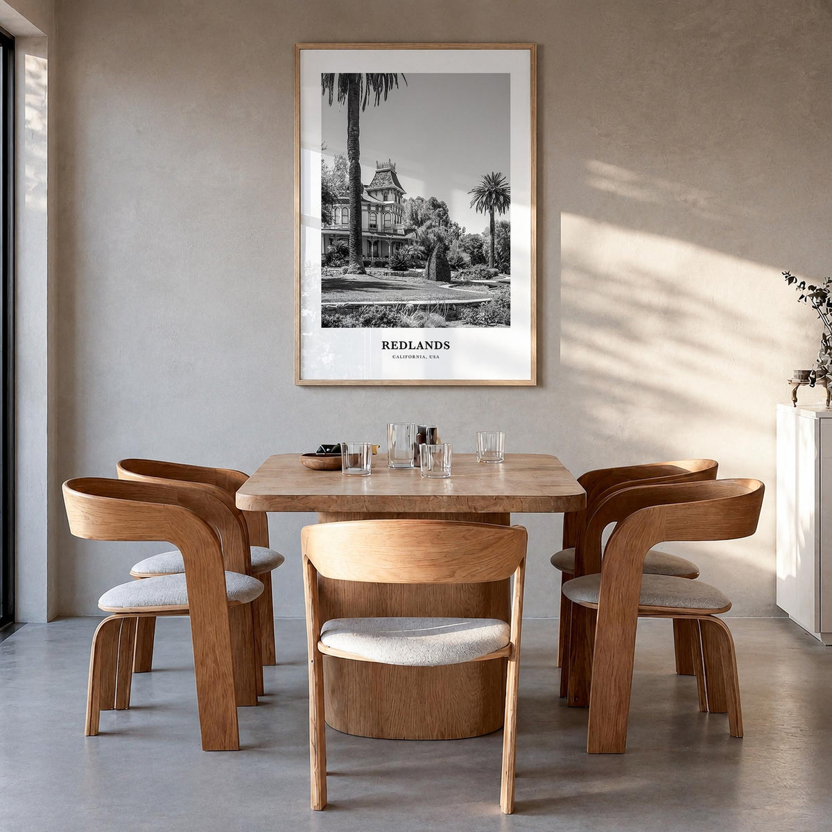 Redlands black & white classic poster of California, USA – vertical wall art in natural wood frame, hanging on wall