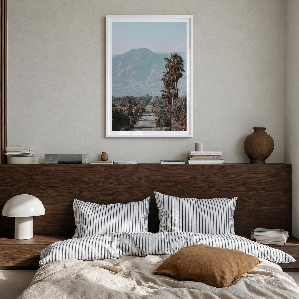 Redlands colorful photo poster of California, USA – vertical wall art in white wood frame with white border, hanging on wall