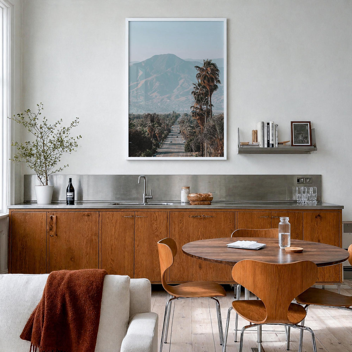 Redlands colorful photo poster of California, USA – vertical wall art in white wood frame, hanging on wall