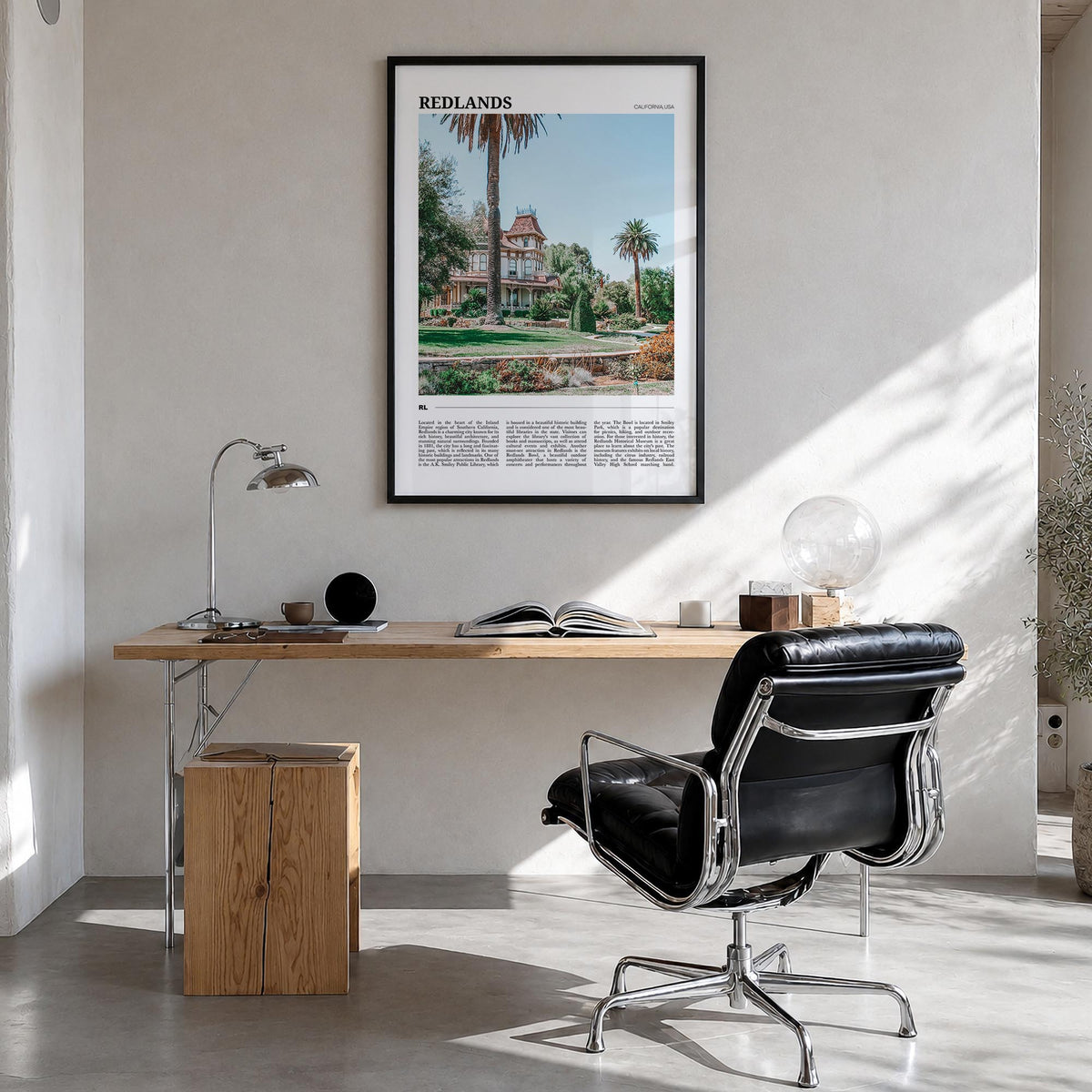 Redlands colorful travel poster of California, USA – vertical wall art in black wood frame, hanging on wall