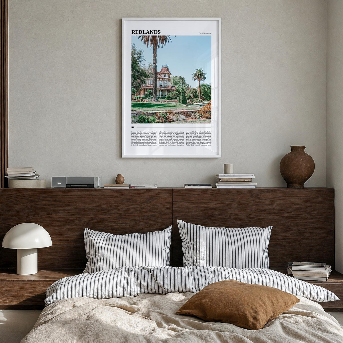 Redlands colorful travel poster of California, USA – vertical wall art in white wood frame, hanging on wall