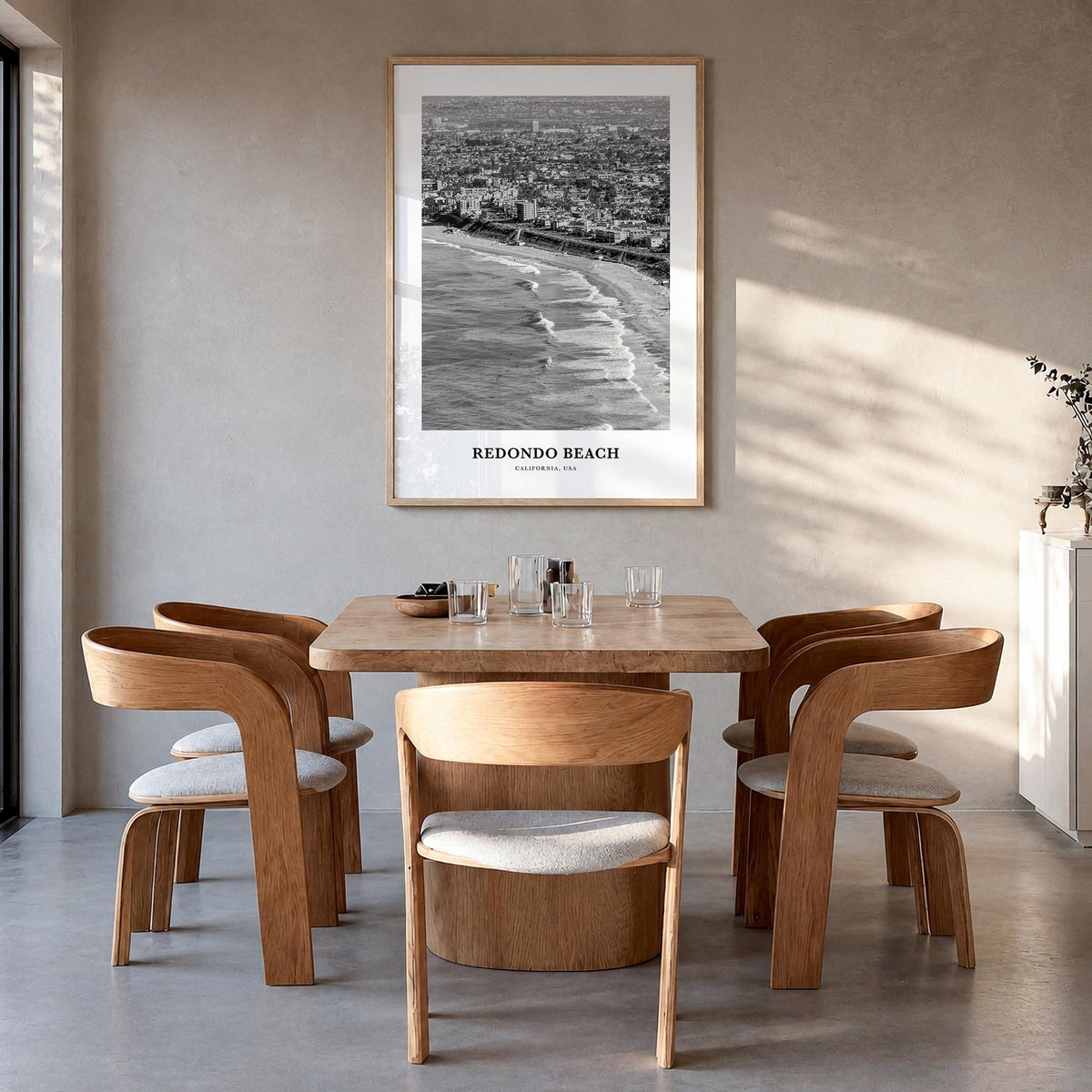 Redondo Beach black & white classic poster of California, USA – vertical wall art in natural wood frame, hanging on wall
