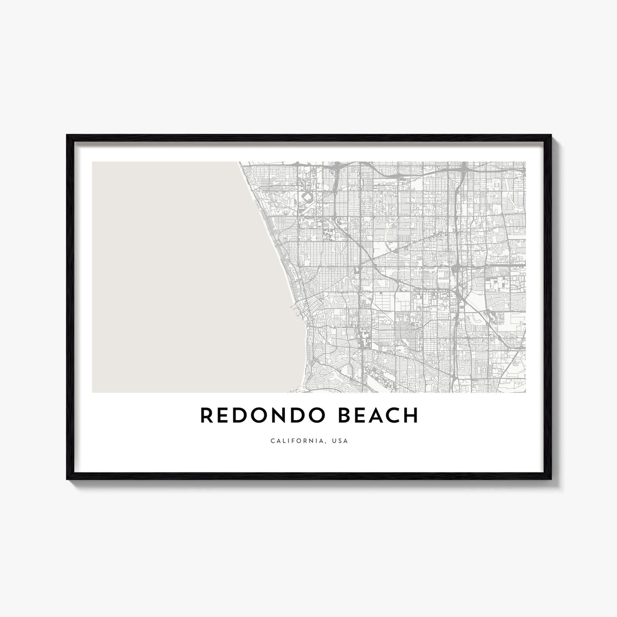 Redondo Beach black & white map poster of California, USA – horizontal wall art, unframed print shown in interior mockup