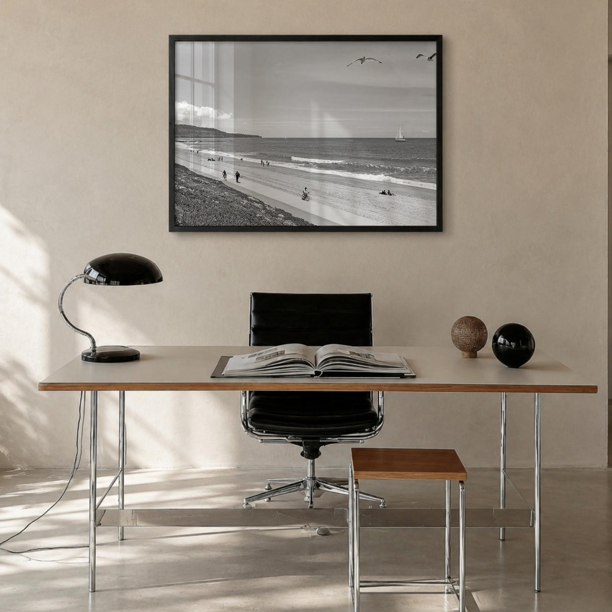 Redondo Beach black & white photo poster of California, USA – horizontal wall art in black wood frame, hanging on wall