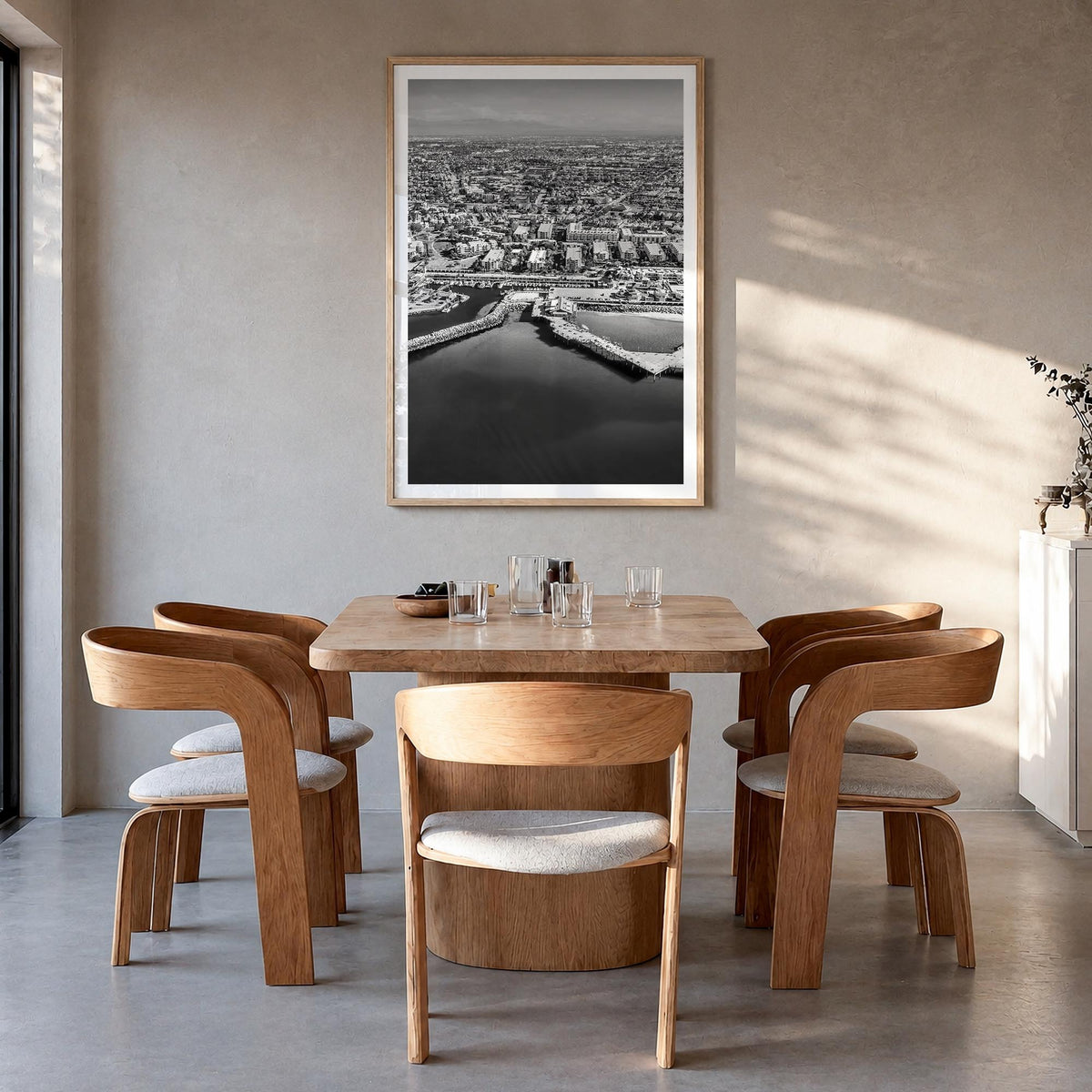 Redondo Beach black & white photo poster of California, USA – vertical wall art in natural wood frame with white border, hang