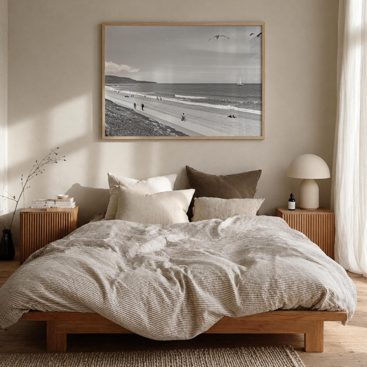 Redondo Beach black & white photo poster of California, USA – horizontal wall art in natural wood frame, hanging on wall