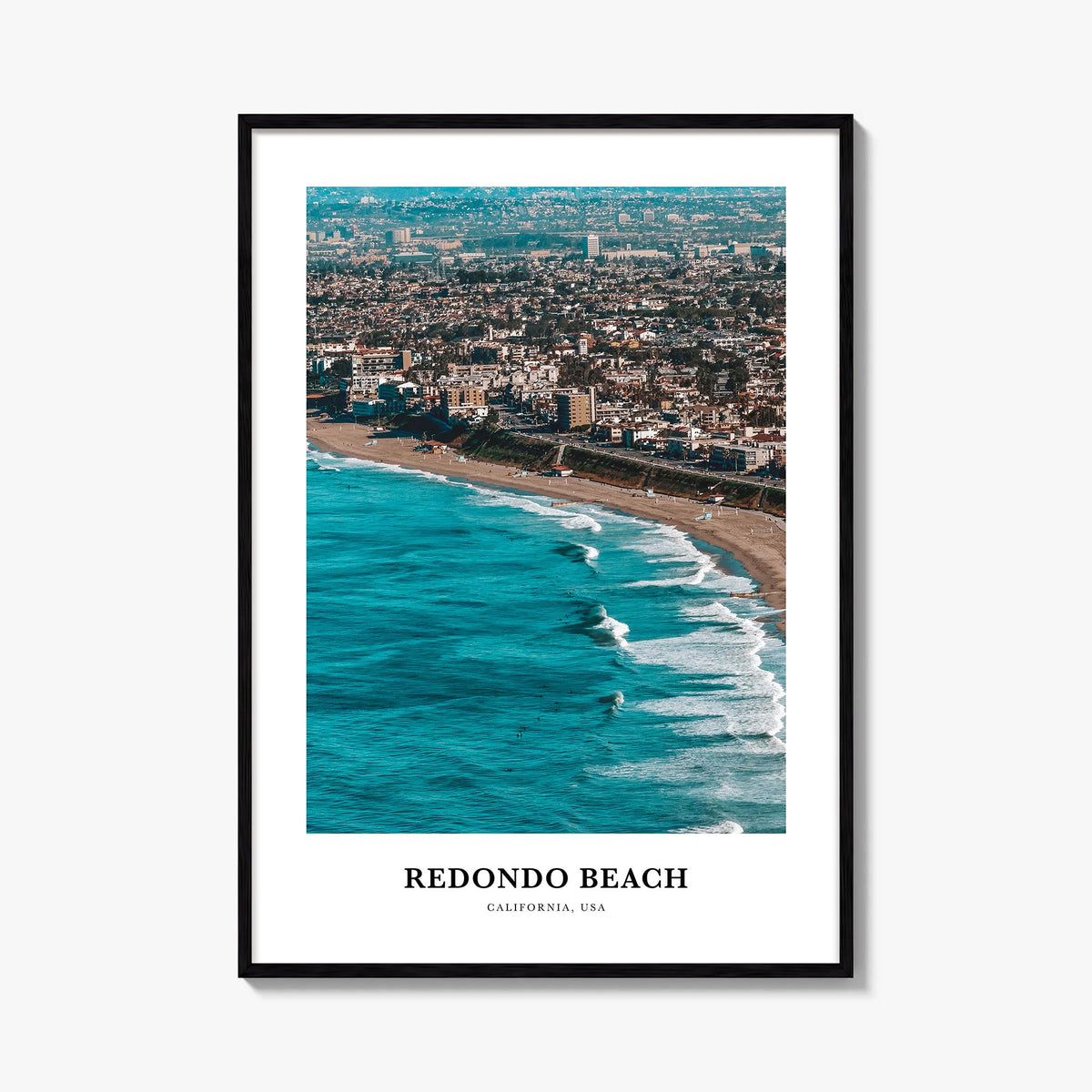 Redondo Beach colorful classic poster of California, USA – vertical wall art, unframed print shown in interior mockup