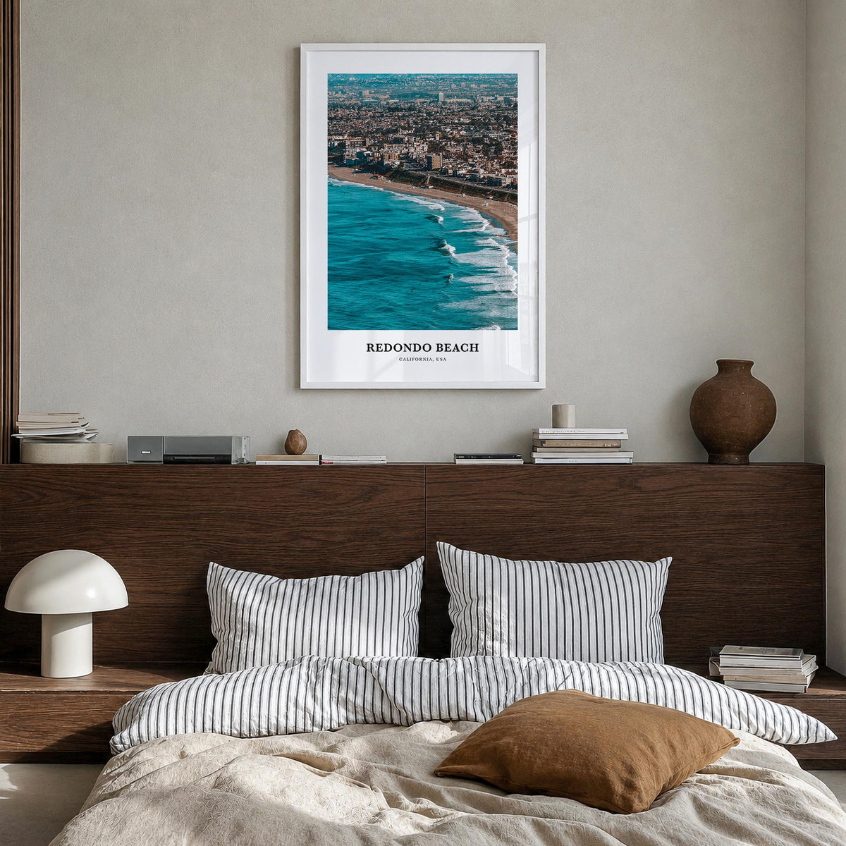 Redondo Beach colorful classic poster of California, USA – vertical wall art in white wood frame, hanging on wall