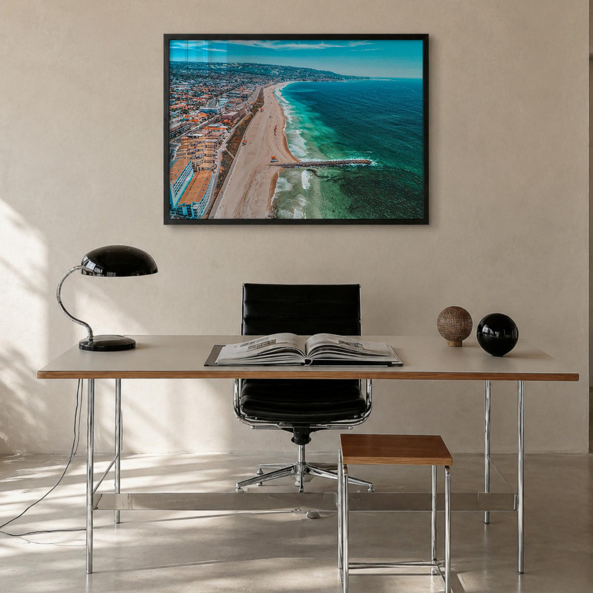 Redondo Beach colorful photo poster of California, USA – horizontal wall art in black wood frame, hanging on wall