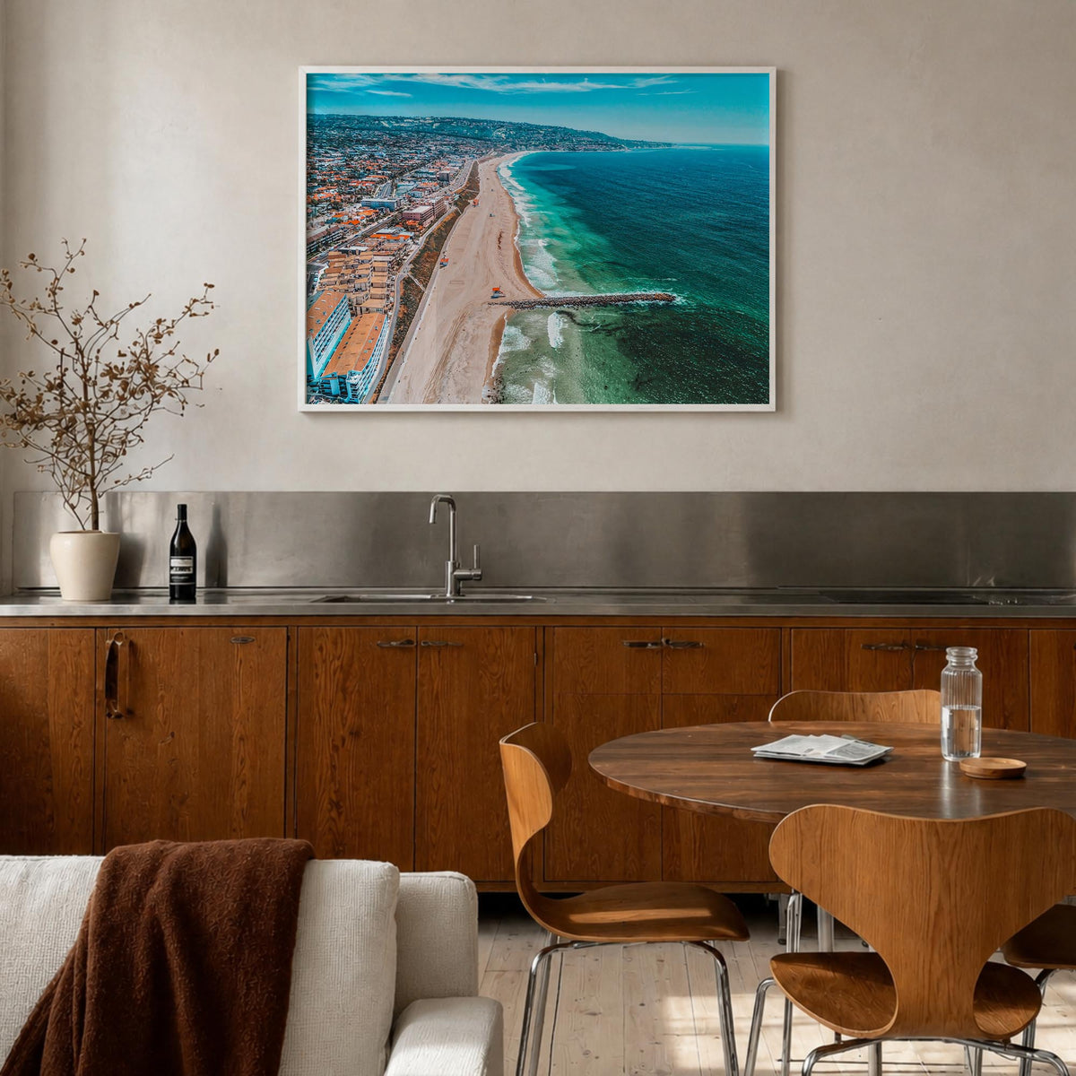 Redondo Beach colorful photo poster of California, USA – horizontal wall art in white wood frame, hanging on wall