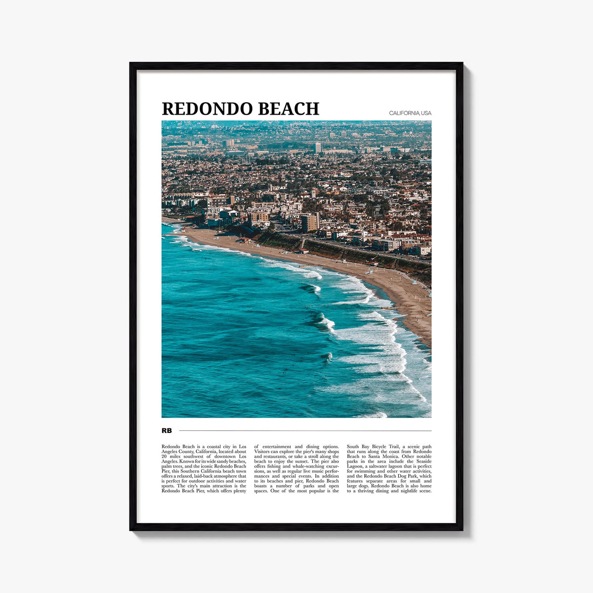 Redondo Beach colorful travel poster of California, USA – vertical wall art, unframed print shown in interior mockup