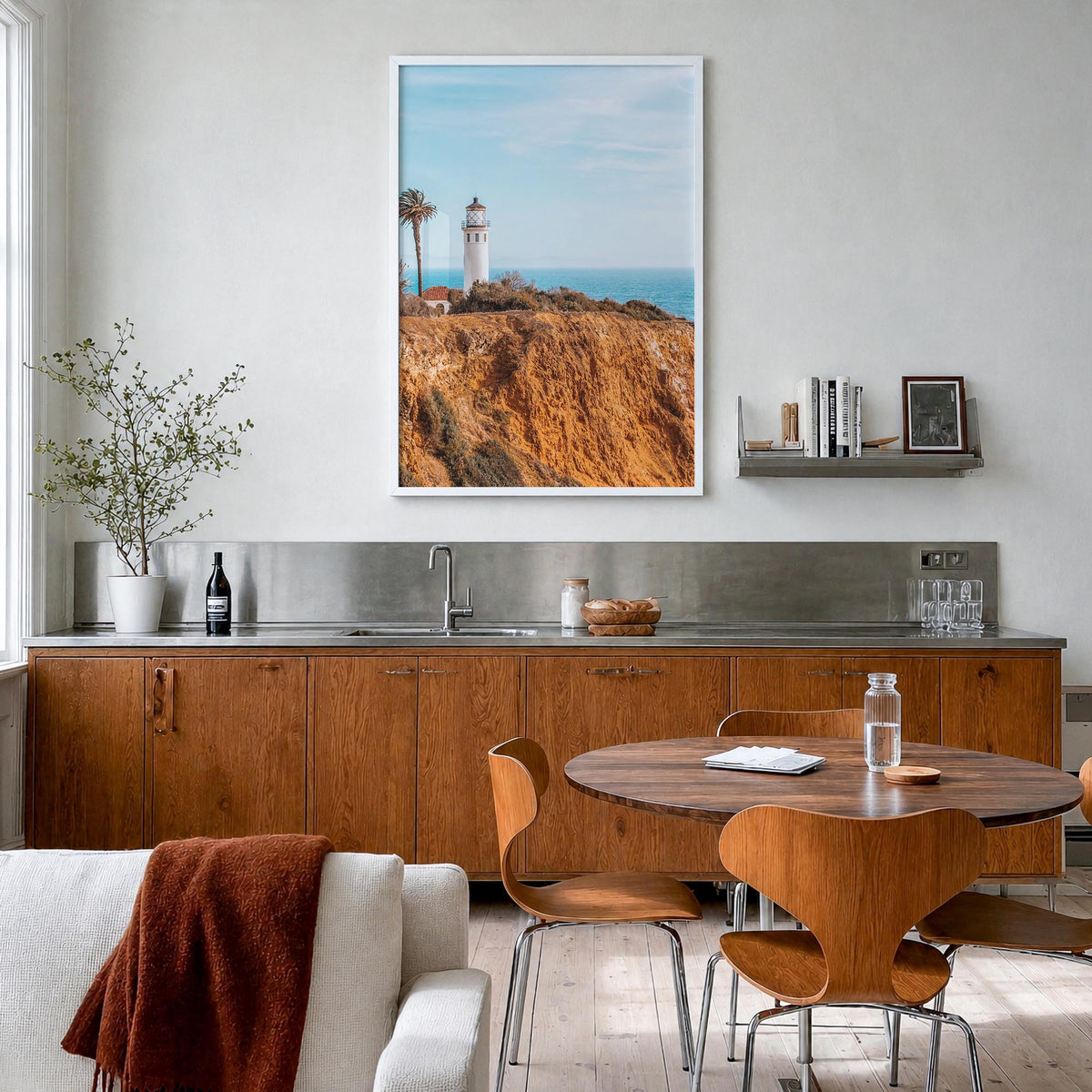 Redondo Beach no. 1 colorful photo poster of California, USA – vertical wall art in white wood frame, hanging on wall
