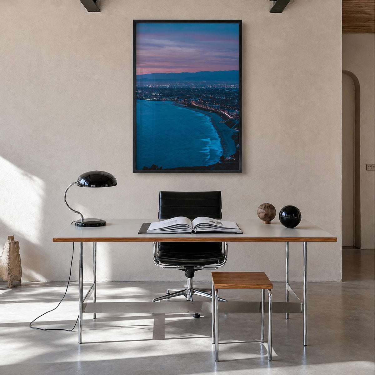 Redondo Beach no. 2 colorful photo poster of California, USA – vertical wall art in black wood frame, hanging on wall