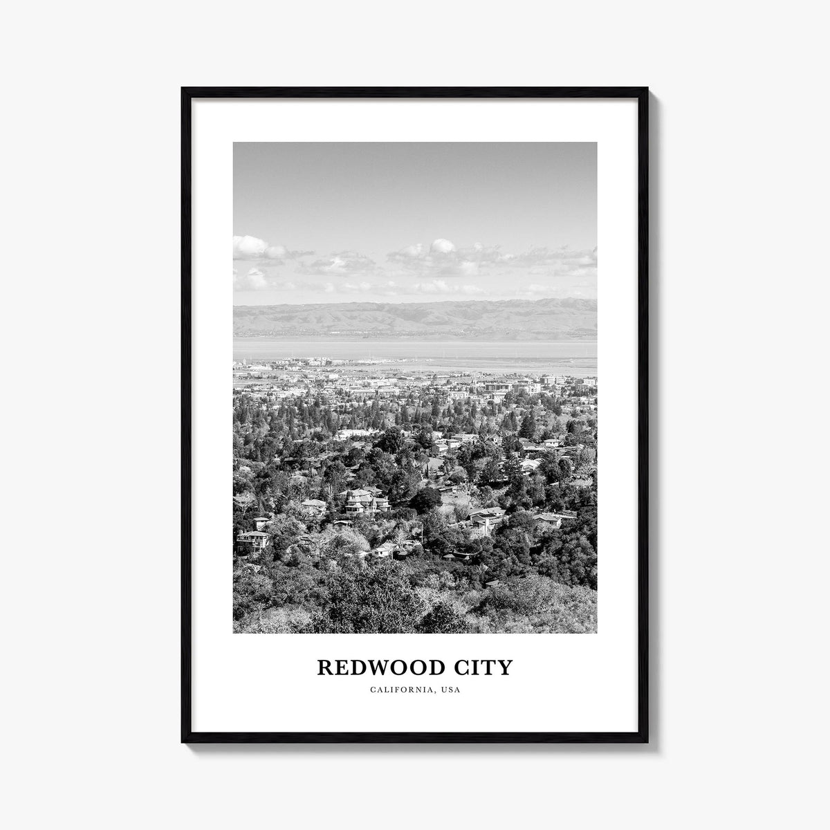 Redwood City black & white classic poster of California, USA – vertical wall art, unframed print shown in interior mockup