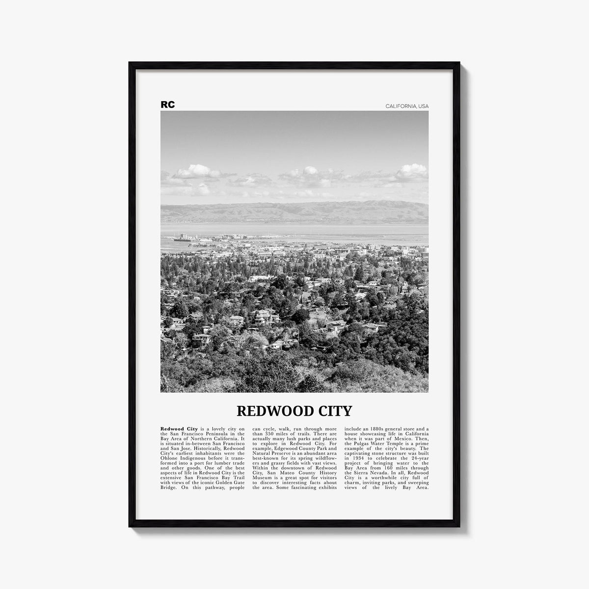 Redwood City black & white newspaper poster of California, USA – vertical wall art, unframed print shown in interior mockup